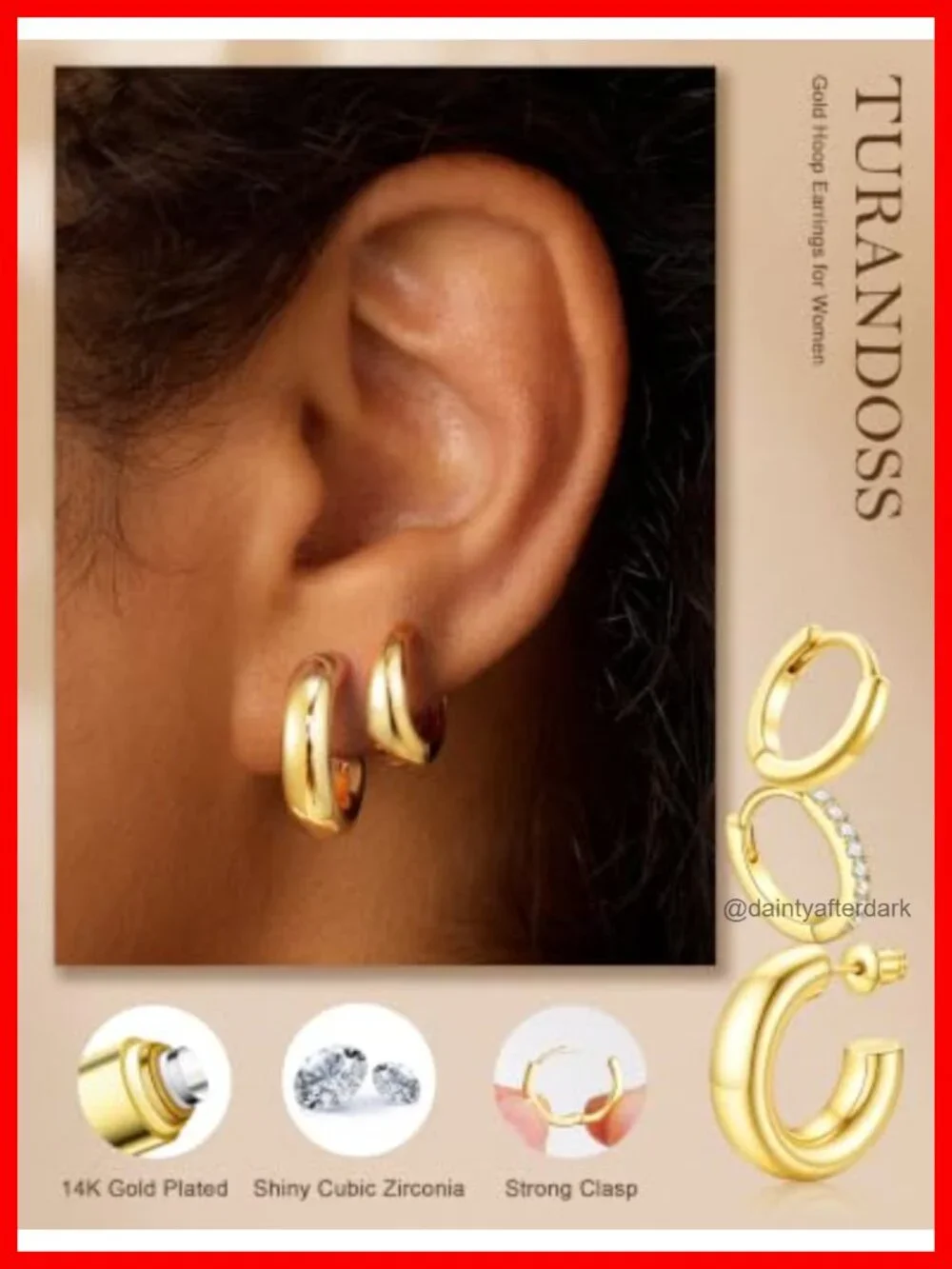 14K Gold Plated Hypoallergenic Chunky Hoop Earrings Set 6 Pairs Women